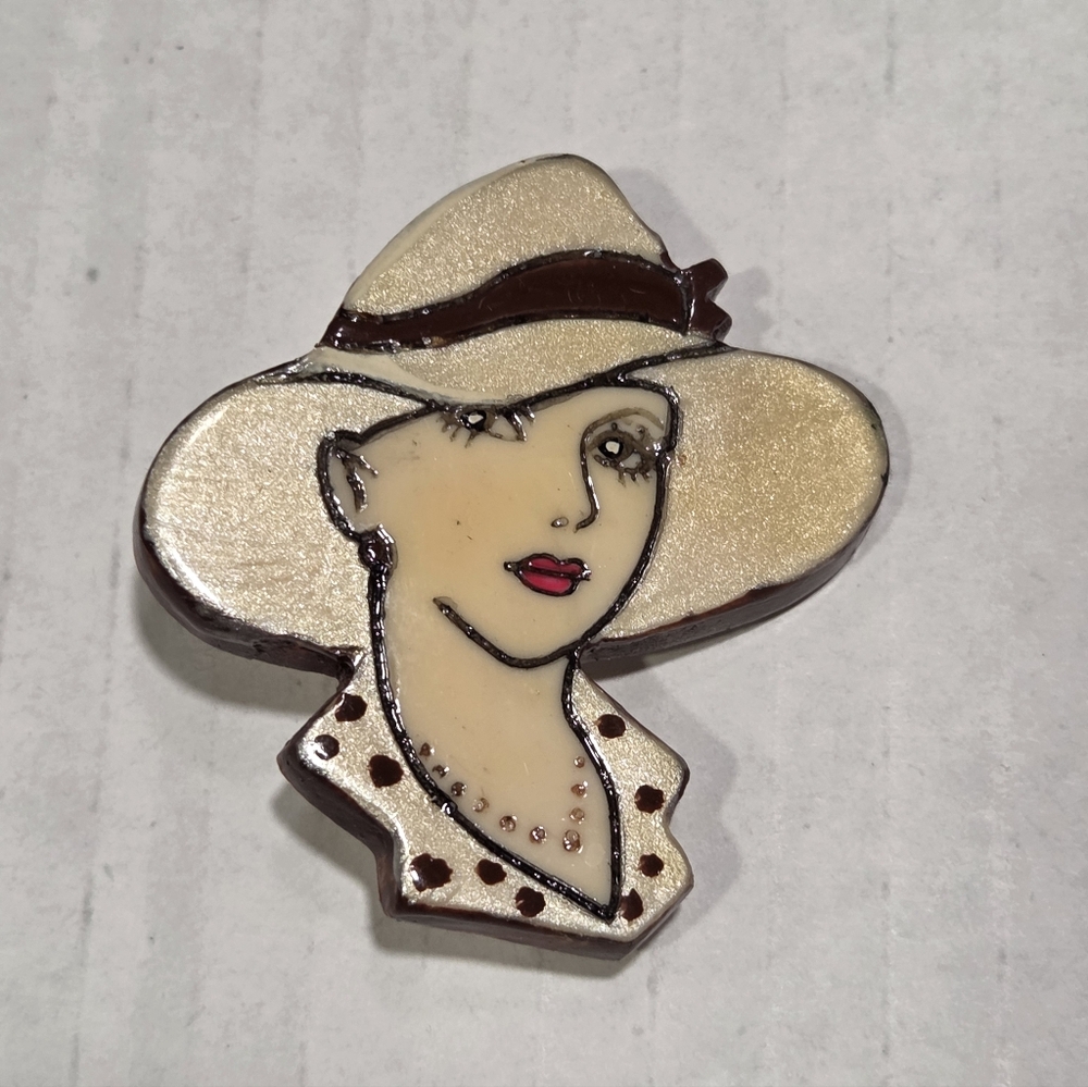 Vintage 80s Painted Lady With Hat Brooch